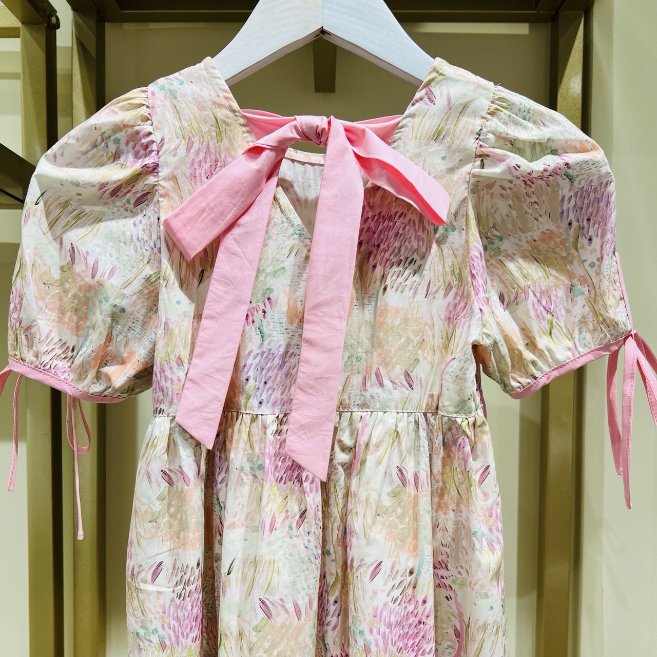 Girls’ Pastel Puff Sleeve Cotton Dress – Comfortable Everyday Wear