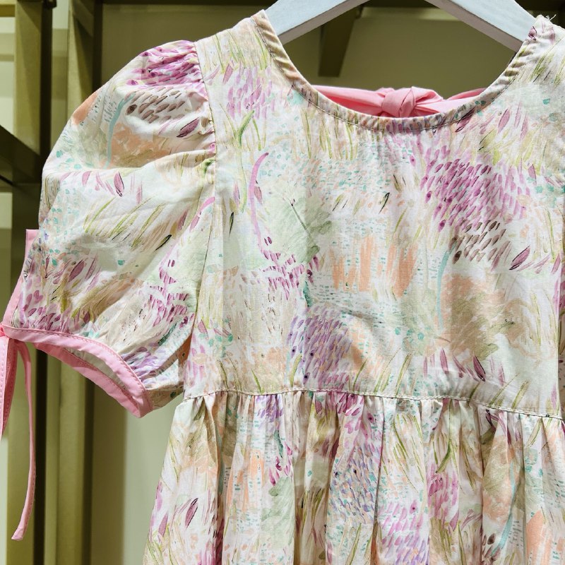 Girls’ Pastel Puff Sleeve Cotton Dress – Comfortable Everyday Wear