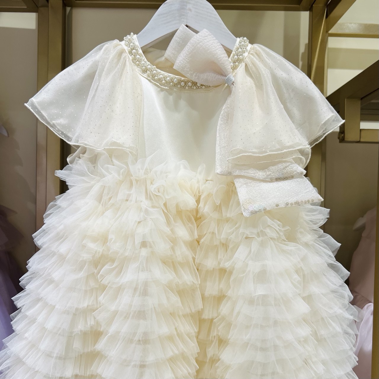 Yellow & Purple Pearl Ruffle Dress with Statement Bow