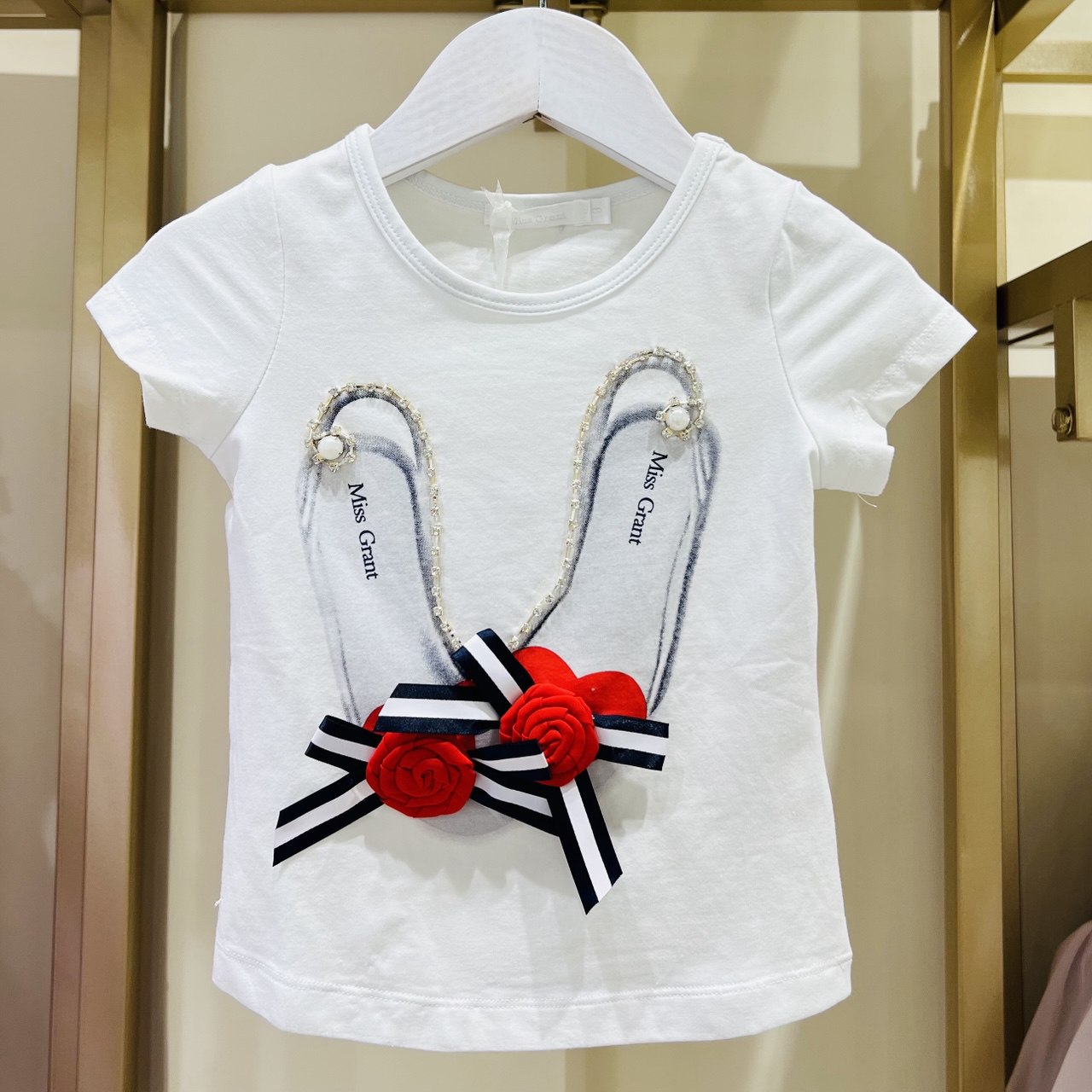 Kid's White T-Shirt with Ribbon and Beads