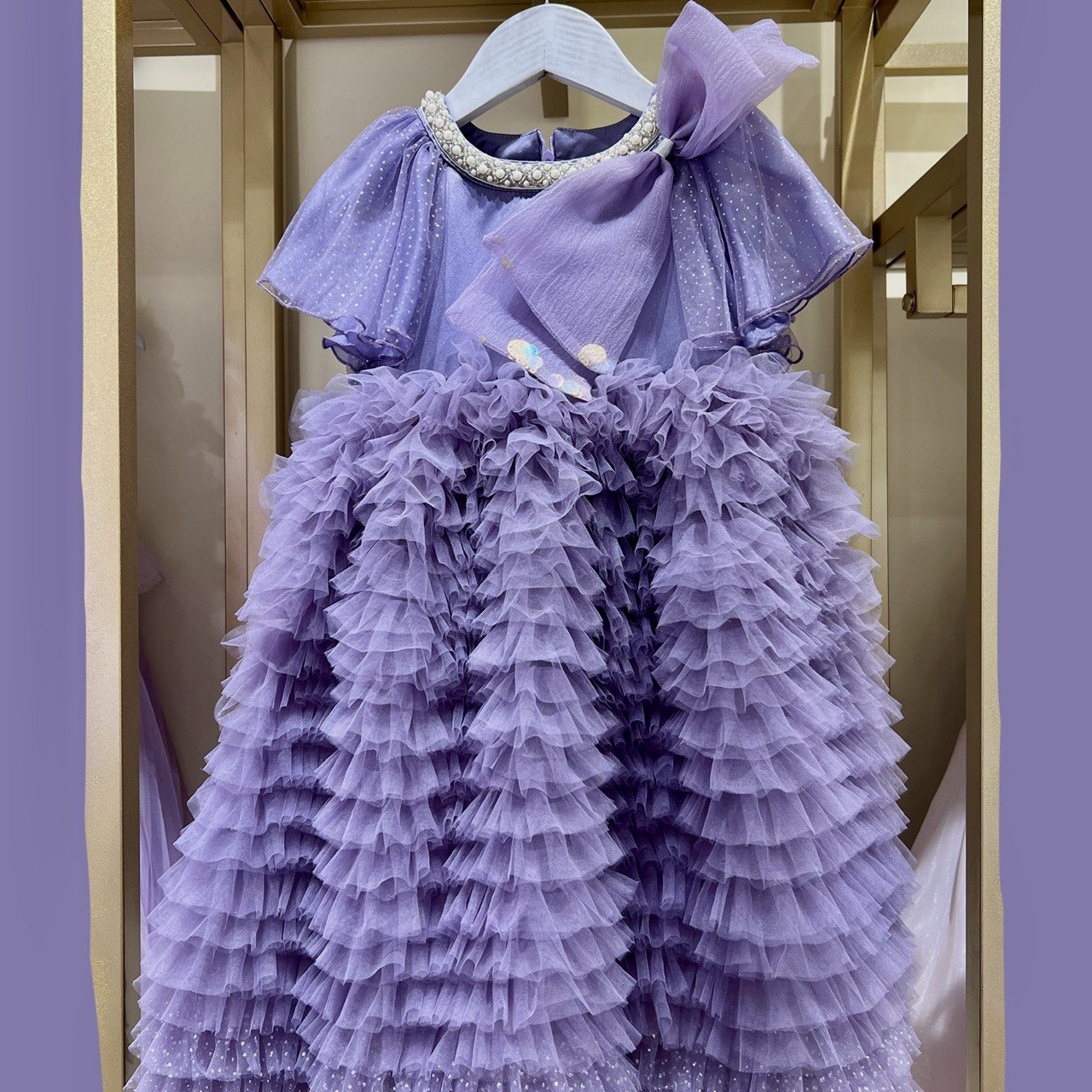 Yellow & Purple Pearl Ruffle Dress with Statement Bow