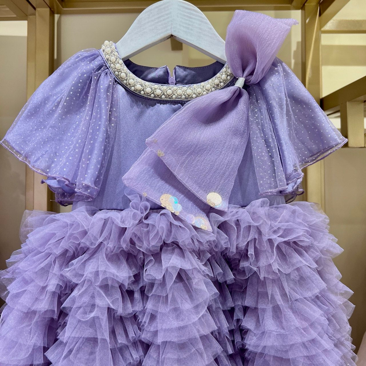 Yellow & Purple Pearl Ruffle Dress with Statement Bow