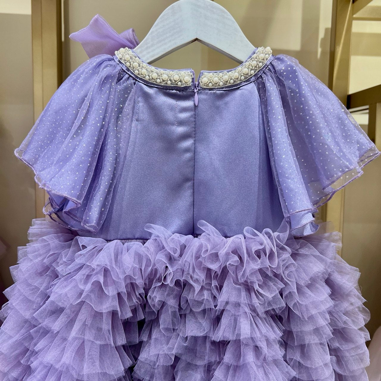 Yellow & Purple Pearl Ruffle Dress with Statement Bow