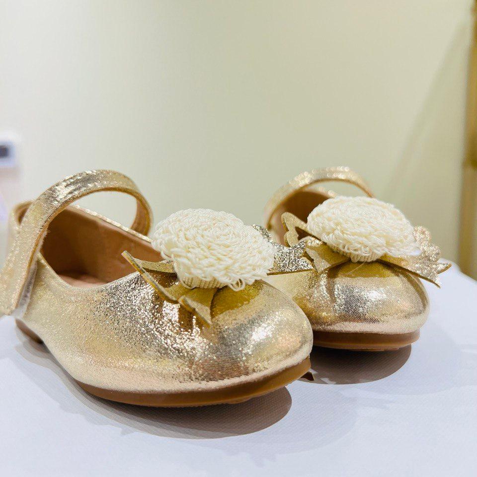 Gold Mary Jane Flats with Pom Pom Detail