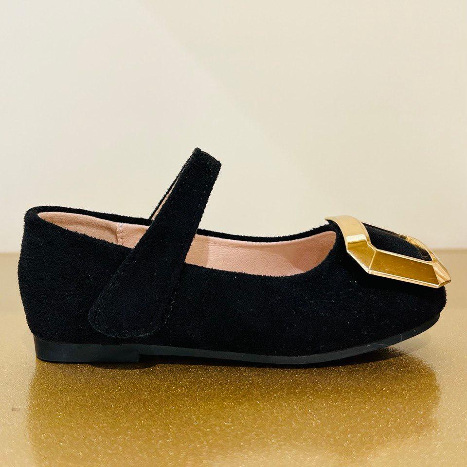 Black Velvet Mary Jane Shoes with Gold Buckle