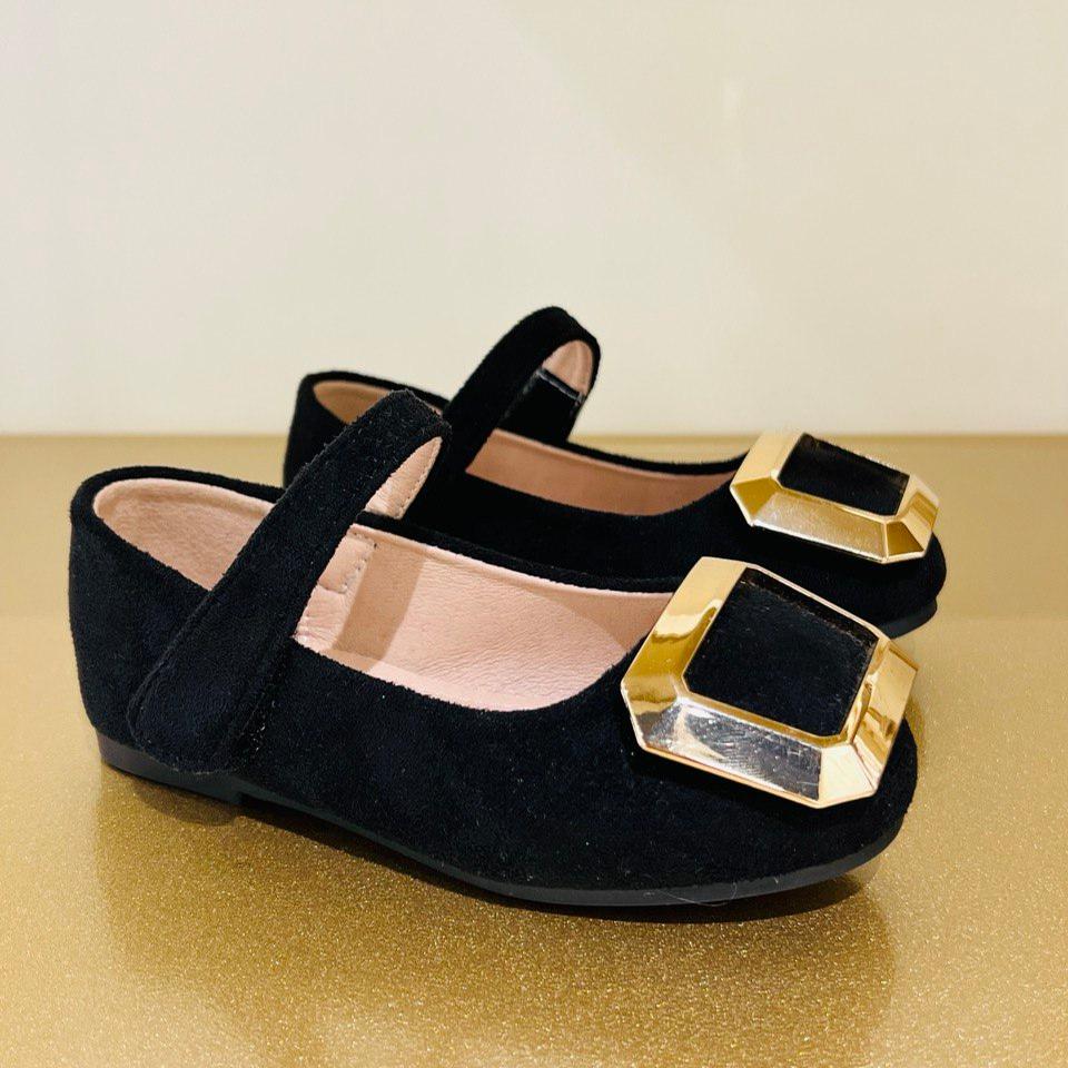 Black Velvet Mary Jane Shoes with Gold Buckle