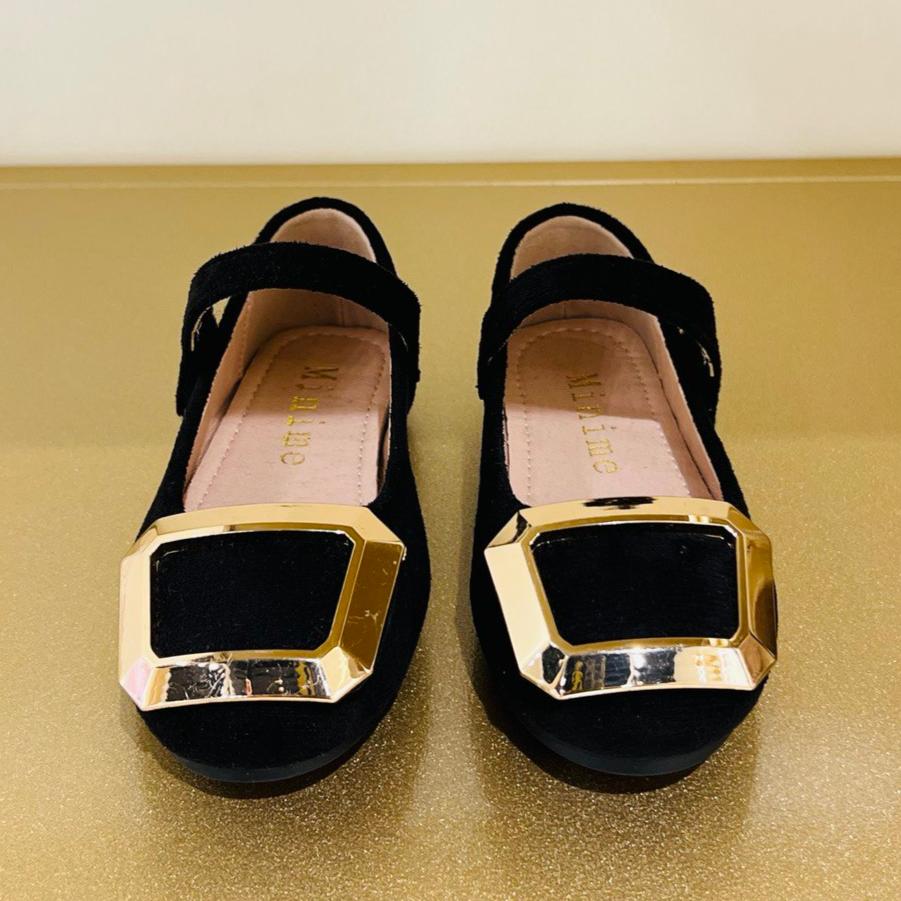 Black Velvet Mary Jane Shoes with Gold Buckle