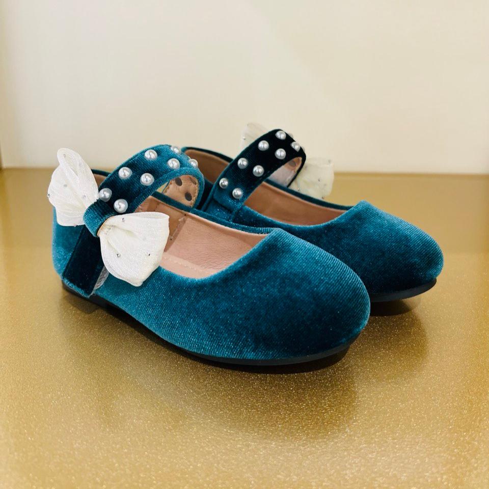 Velvet Bow Flats with Pearl-Studded Strap