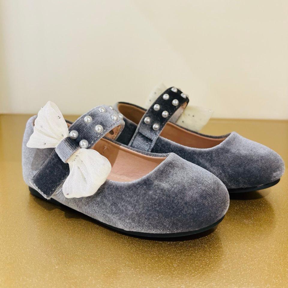 Velvet Bow Flats with Pearl-Studded Strap