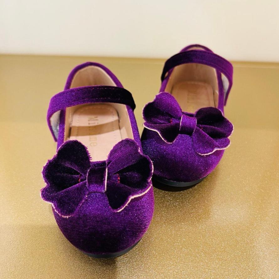 Plum Velvet Bow Flats with Adjustable Strap