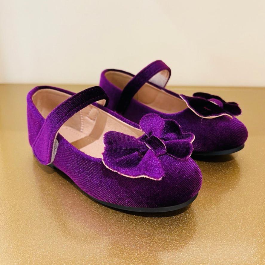 Plum Velvet Bow Flats with Adjustable Strap