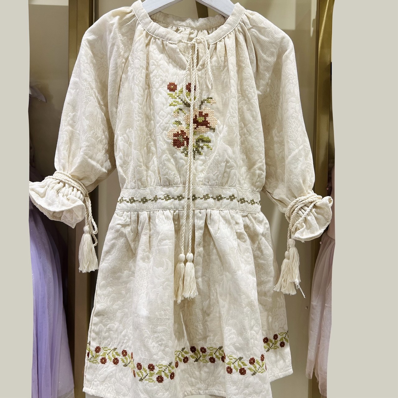 Embroidered Boho Dress for Girls - Long Sleeve, Tassel Ties