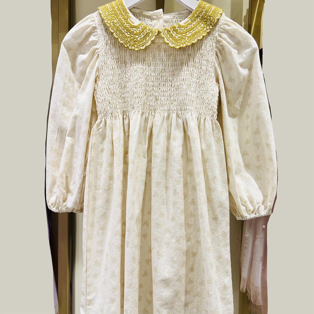 Linen Dress for Girls with Embroidered Collar - Long Sleeve