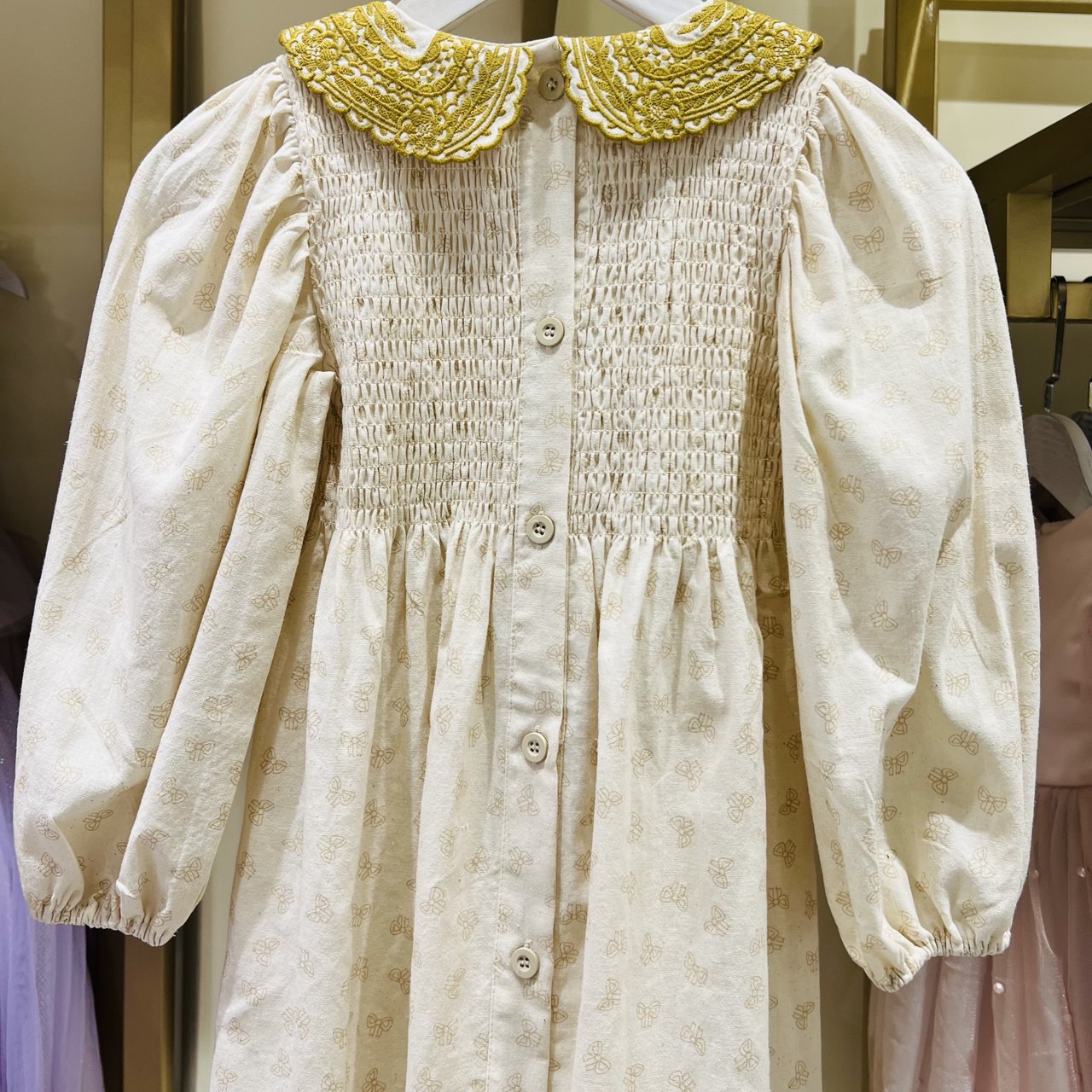 Linen Dress for Girls with Embroidered Collar - Long Sleeve