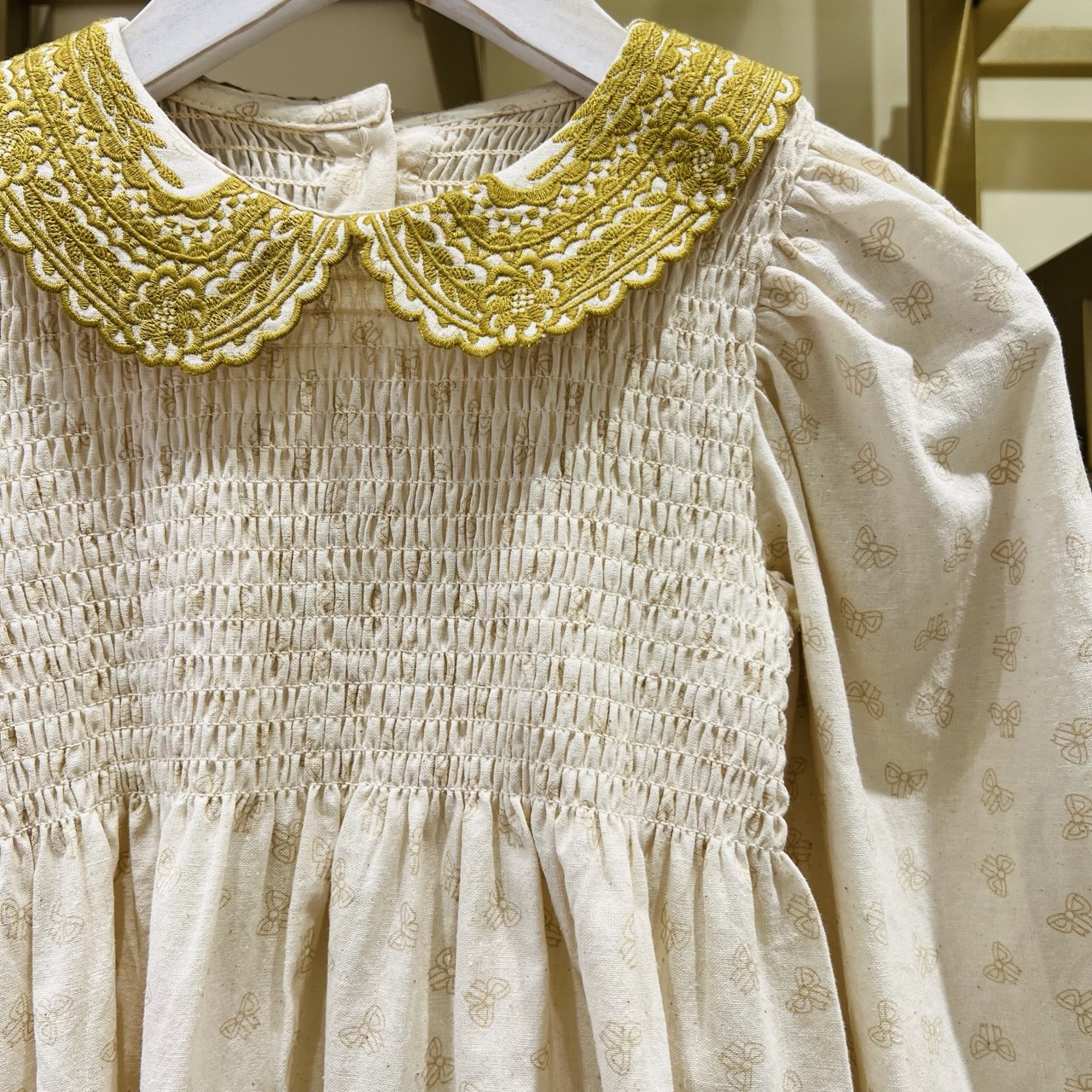 Linen Dress for Girls with Embroidered Collar - Long Sleeve