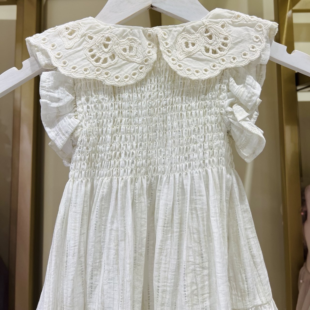 White Smocked Dress for Girls with Embroidered Collar – Ruffle Sleeves