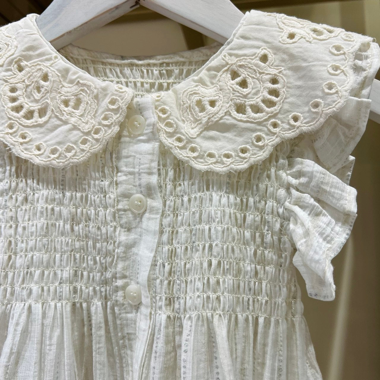 White Smocked Dress for Girls with Embroidered Collar – Ruffle Sleeves