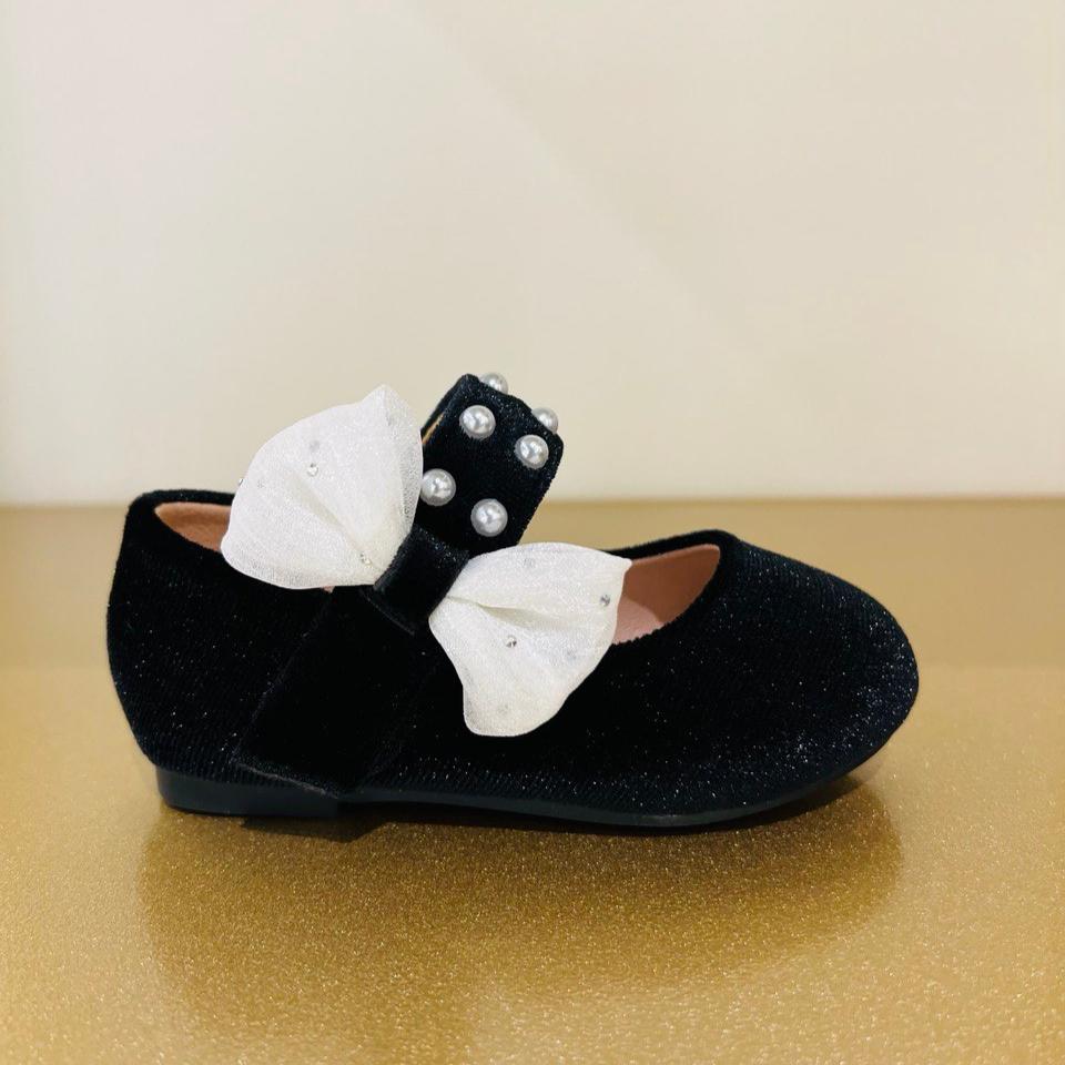 Velvet Bow Flats with Pearl-Studded Strap