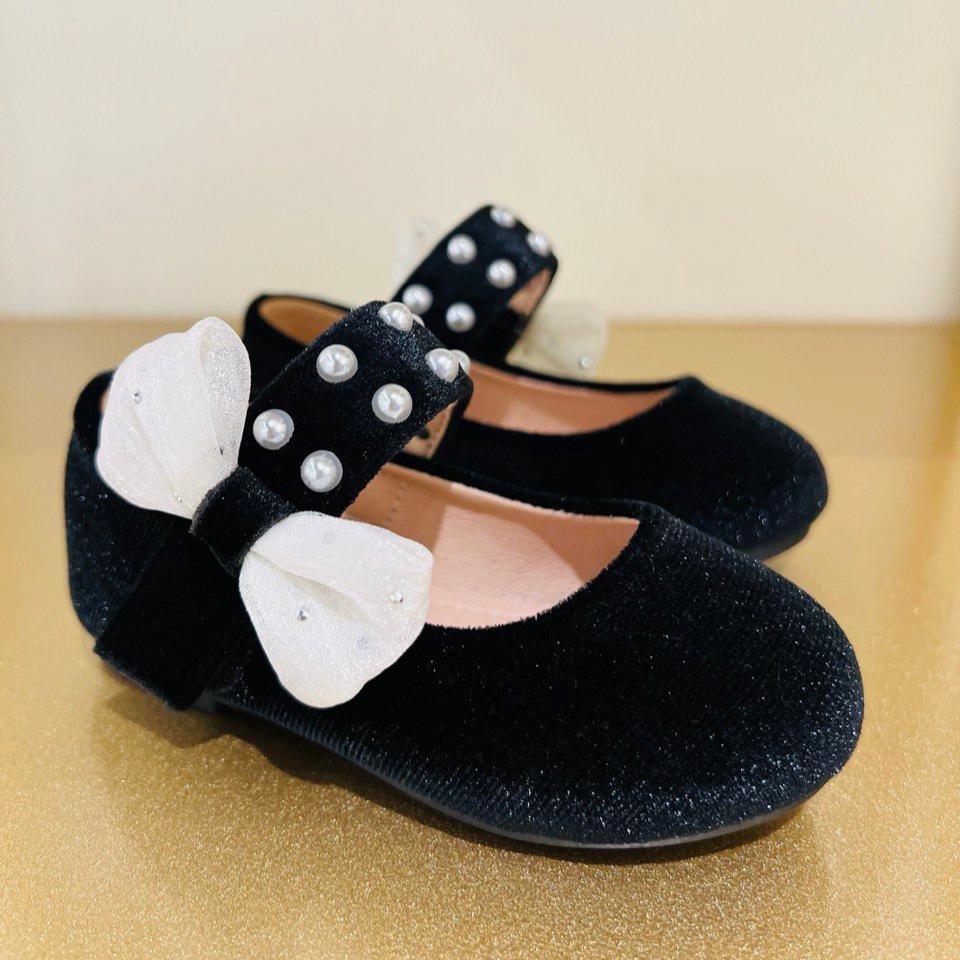 Velvet Bow Flats with Pearl-Studded Strap