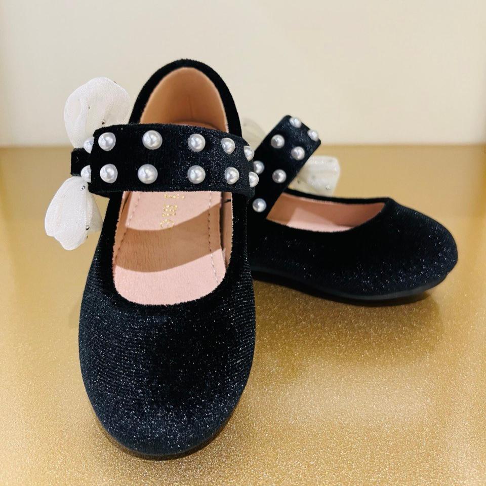 Velvet Bow Flats with Pearl-Studded Strap