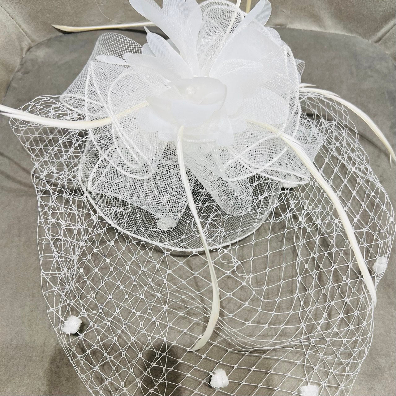 White Floral Veil Hair Fascinator for Weddings & Parties