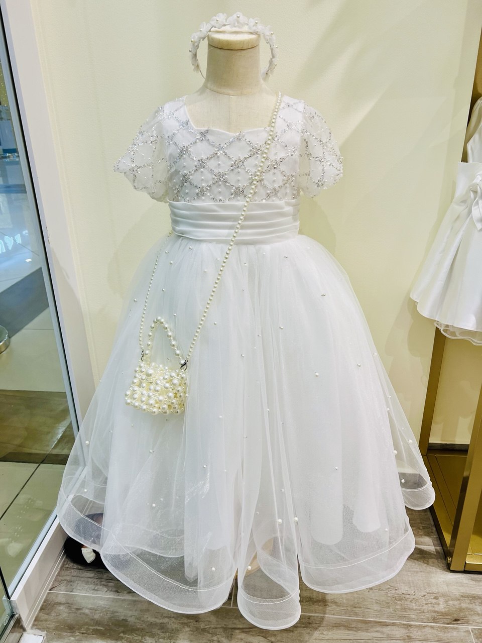 Beaded Crisscross Pearl Gown Dress