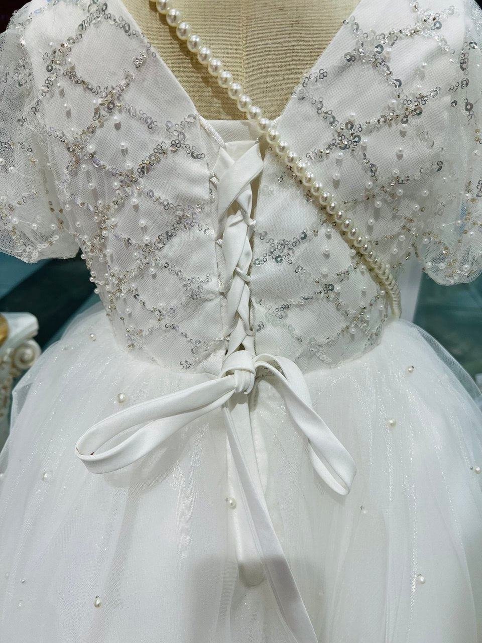 Beaded Crisscross Pearl Gown Dress