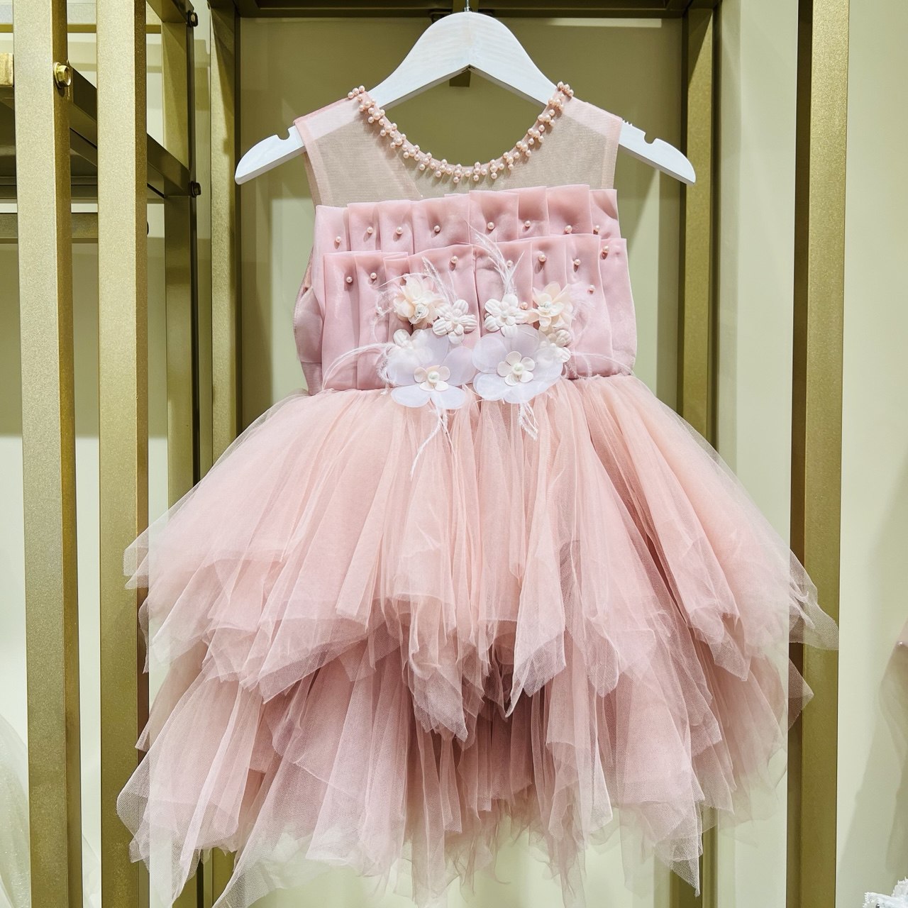Sleeveless Pearl and Floral Tulle Dress – Dusty Rose Charm