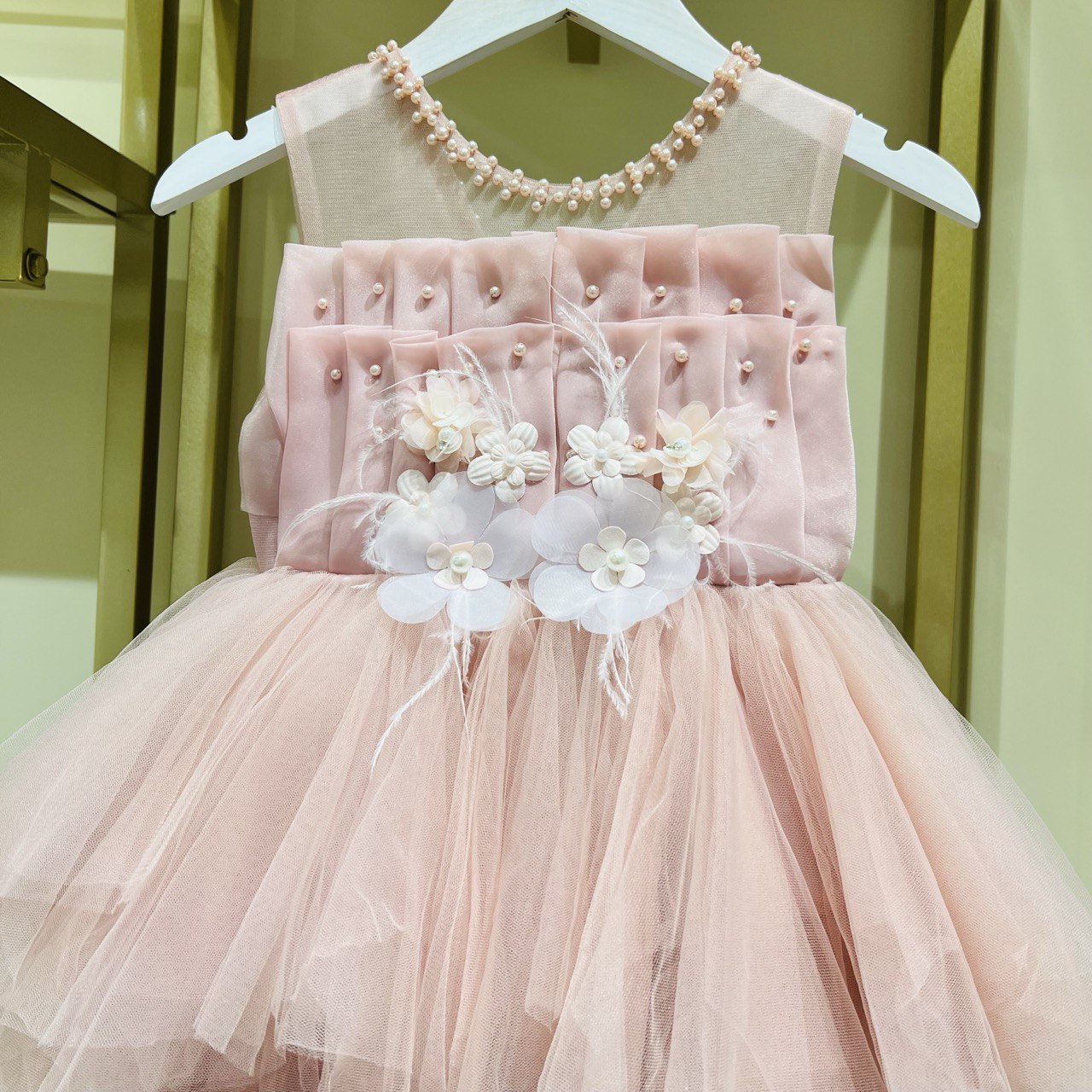 Sleeveless Pearl and Floral Tulle Dress – Dusty Rose Charm