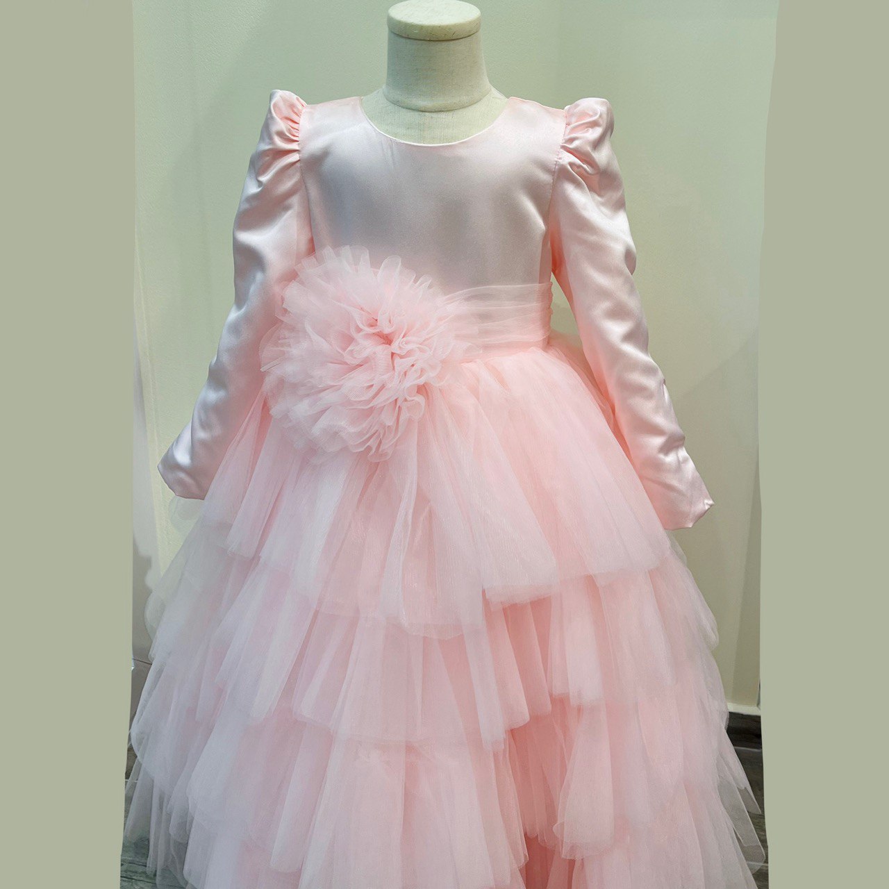 Puffy Satin and Tulle Long Sleeve Gown