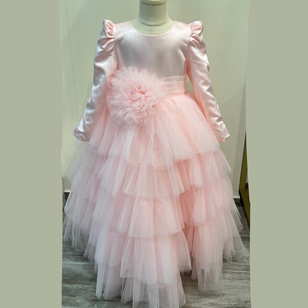 Puffy Satin and Tulle Long Sleeve Gown