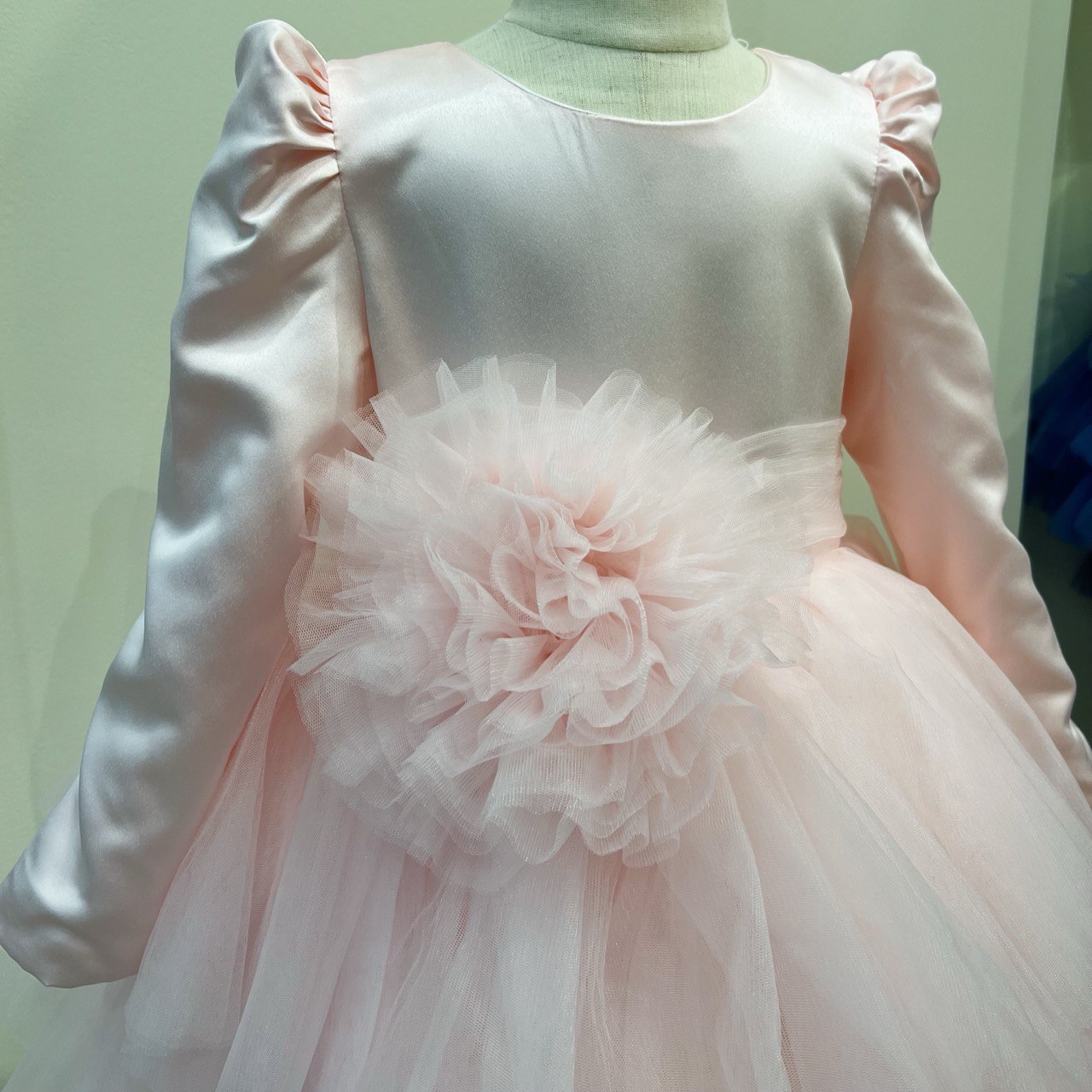 Puffy Satin and Tulle Long Sleeve Gown