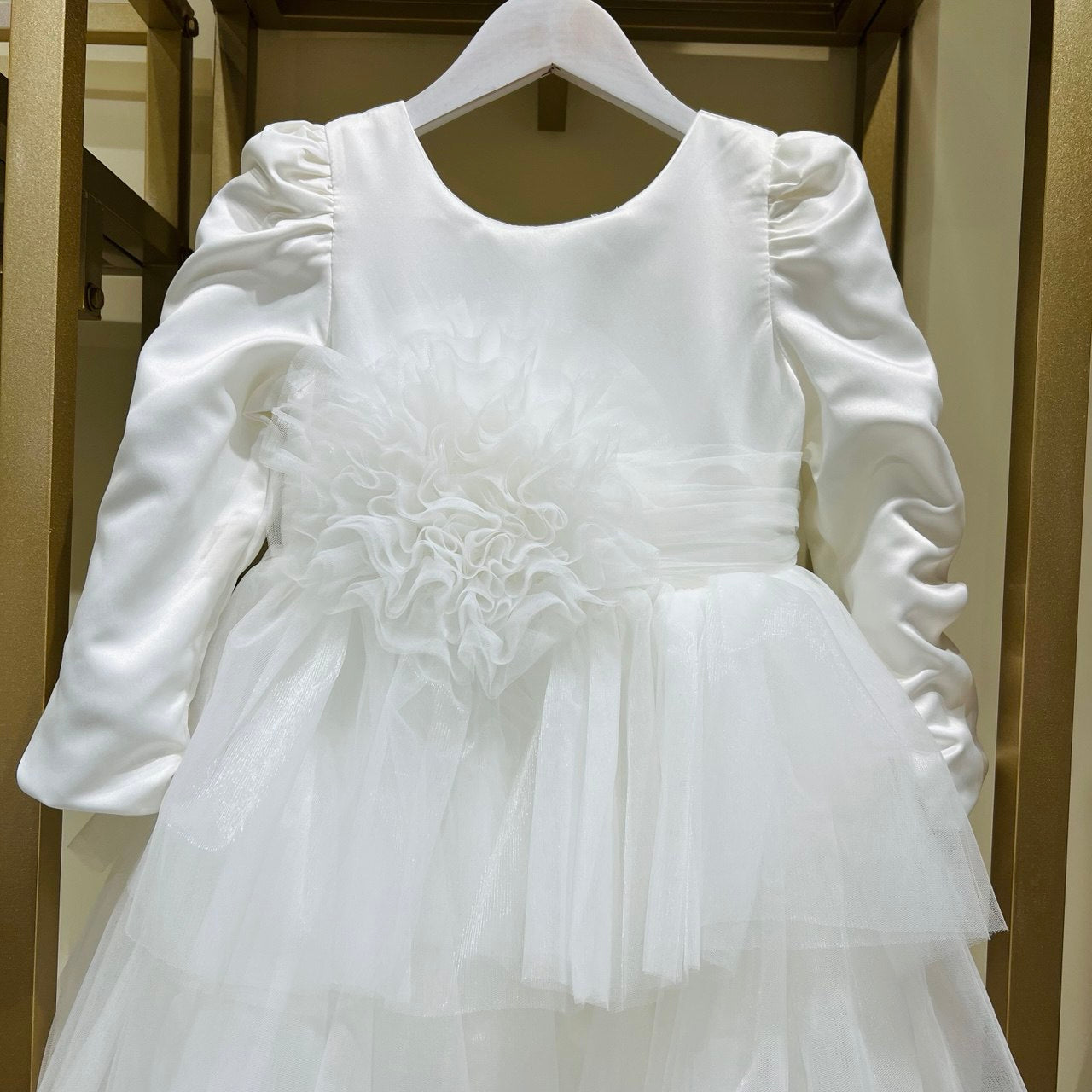 Puffy Satin and Tulle Long Sleeve Gown