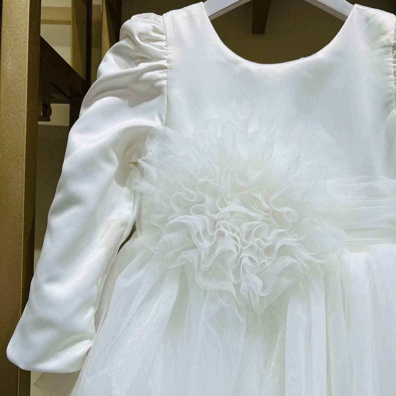 Puffy Satin and Tulle Long Sleeve Gown