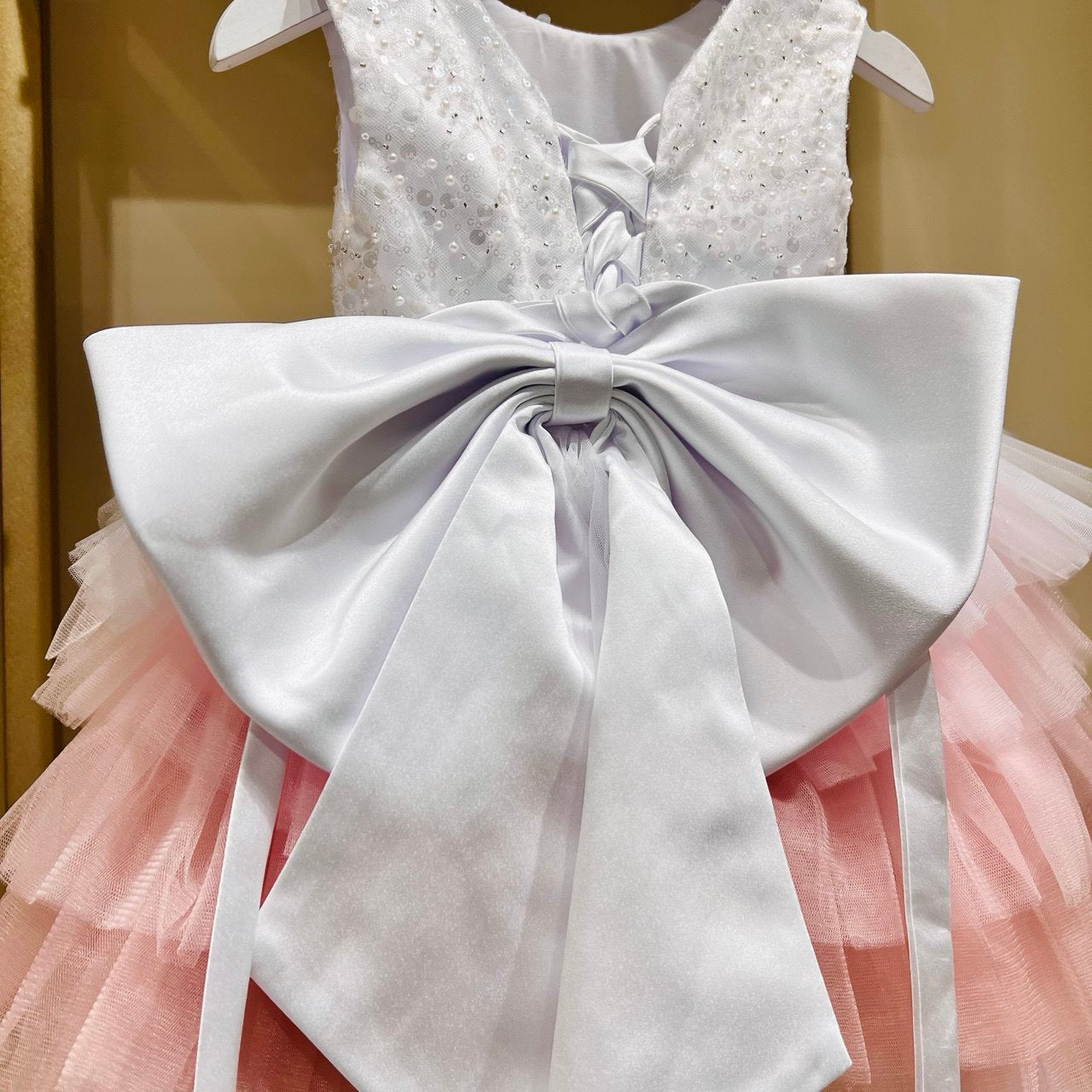 Pink and Blue Tiered Tulle Dress with Sequins and Beads
