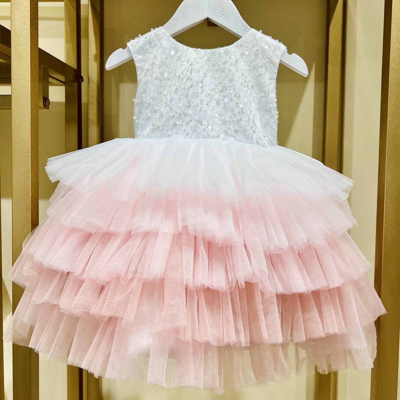 Pink and Blue Tiered Tulle Dress with Sequins and Beads
