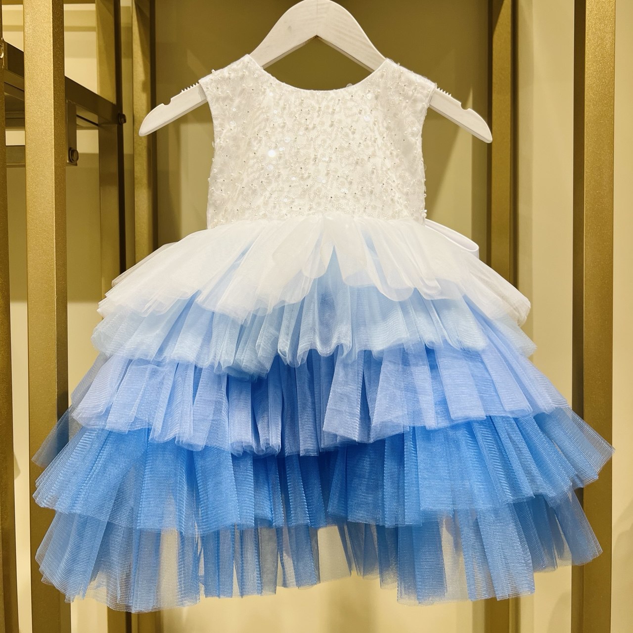 Pink and Blue Tiered Tulle Dress with Sequins and Beads