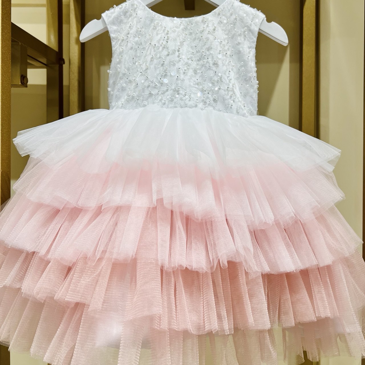 Pink and Blue Tiered Tulle Dress with Sequins and Beads