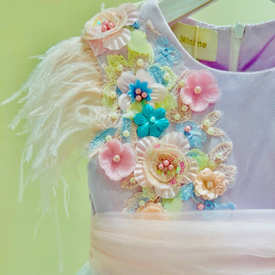 Enchanting Floral Embellished Lilac Dress with Feather Accents