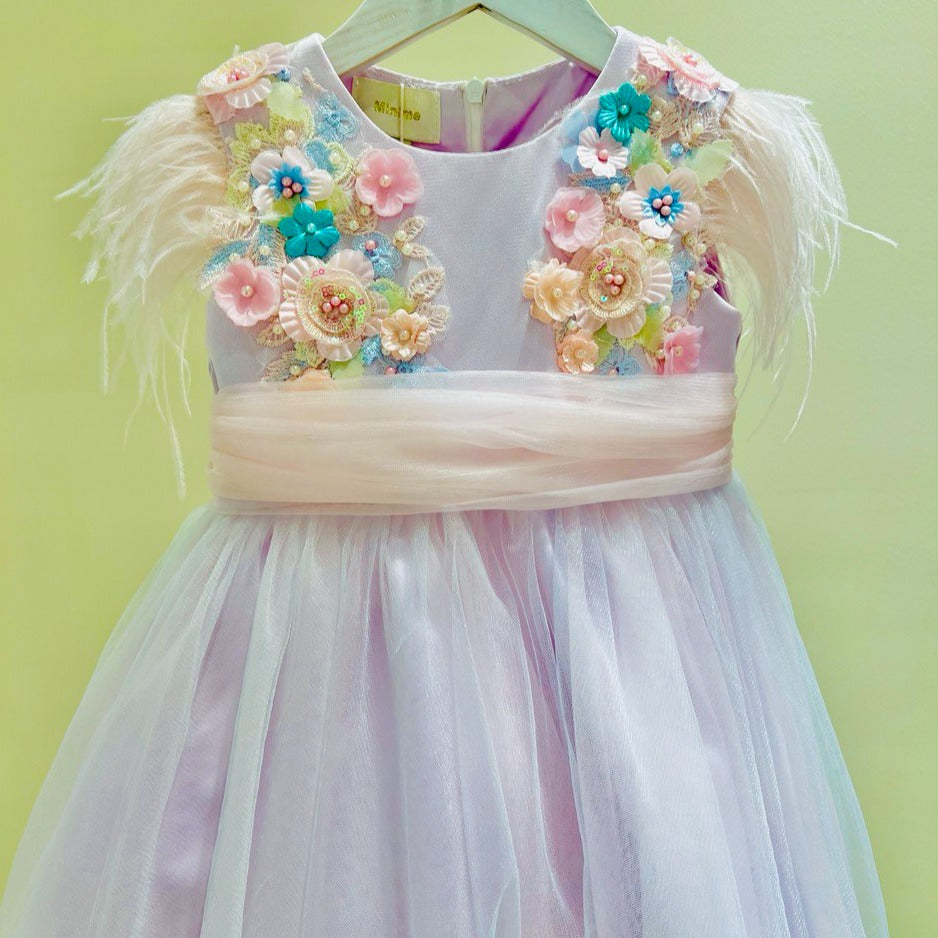Enchanting Floral Embellished Lilac Dress with Feather Accents