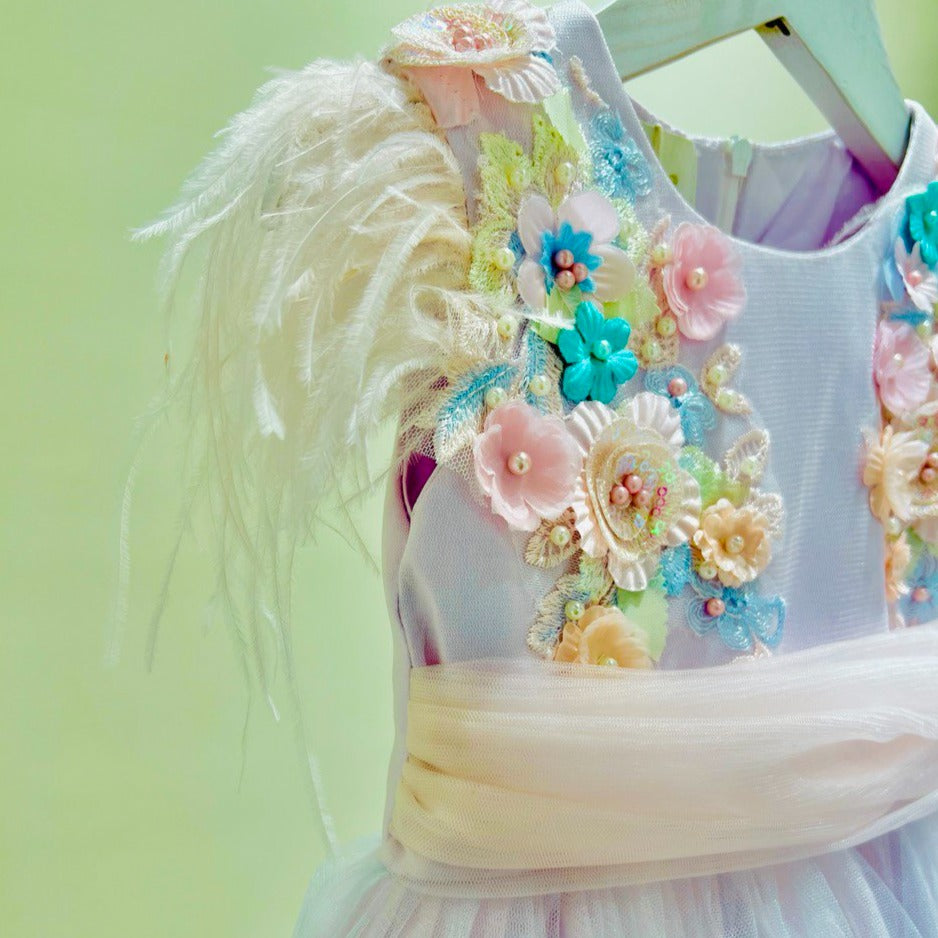 Enchanting Floral Embellished Lilac Dress with Feather Accents