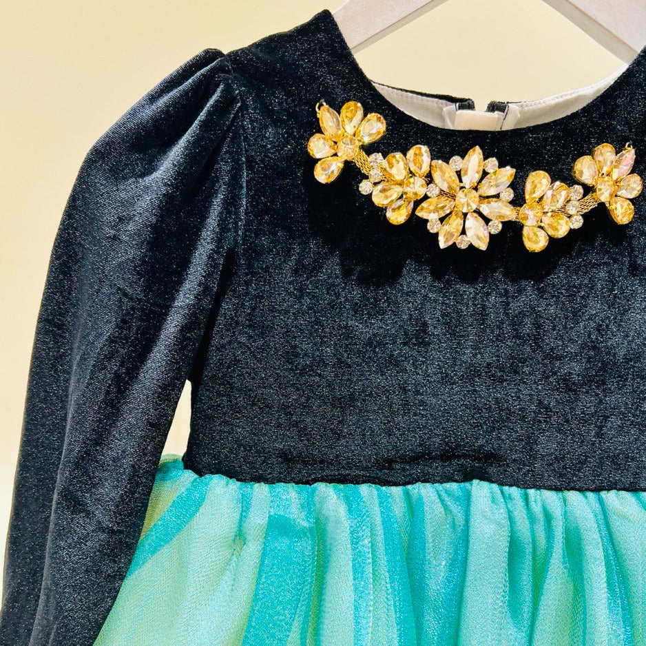 Black and Turquoise Floral Dress with Back Ribbon