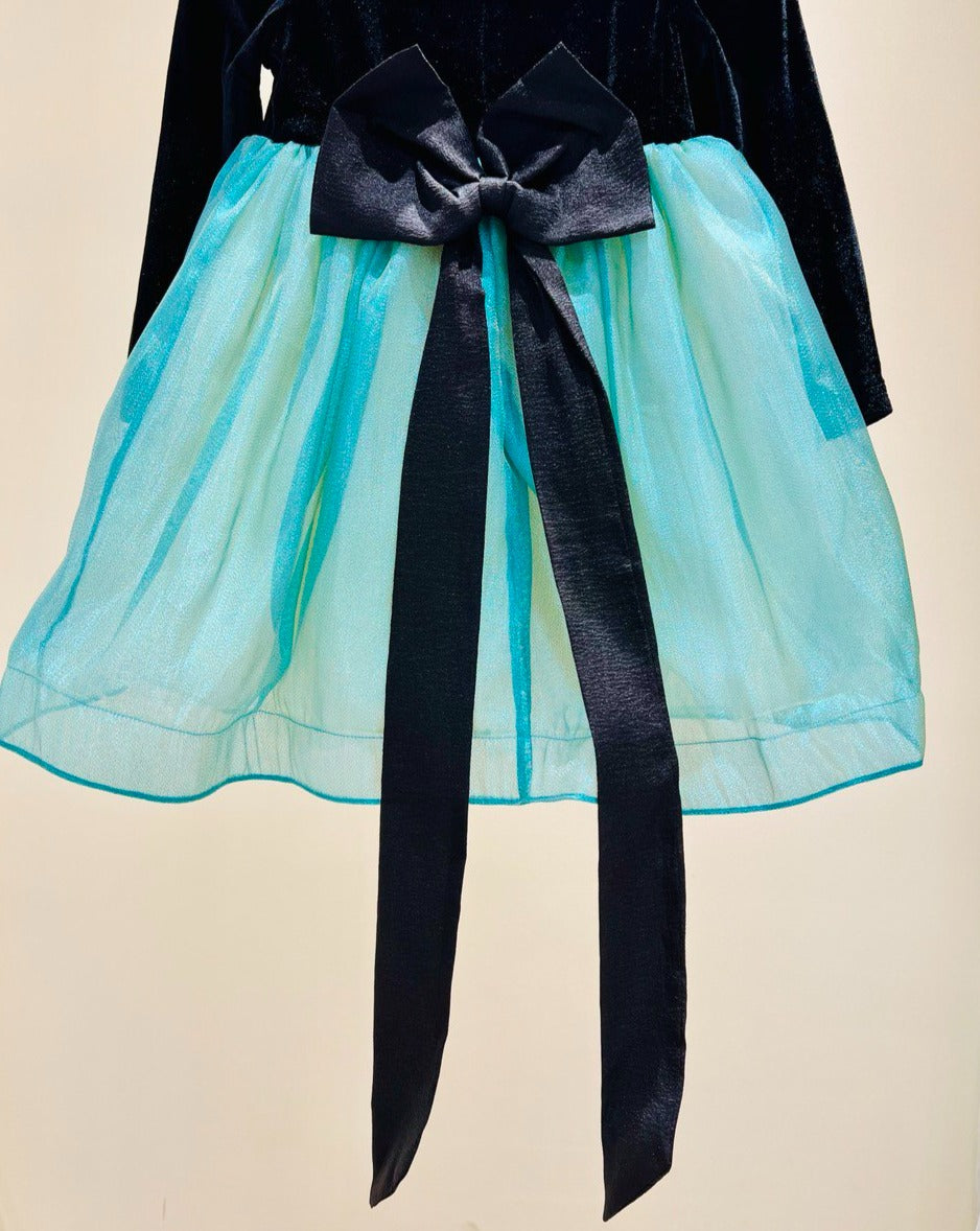 Black and Turquoise Floral Dress with Back Ribbon