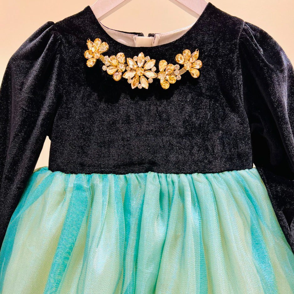 Black and Turquoise Floral Dress with Back Ribbon