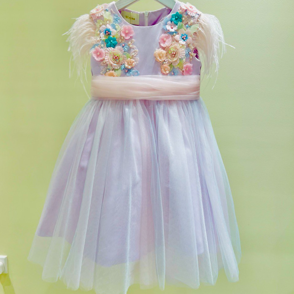Enchanting Floral Embellished Lilac Dress with Feather Accents