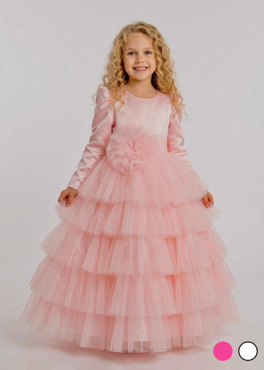 Puffy Satin and Tulle Long Sleeve Gown