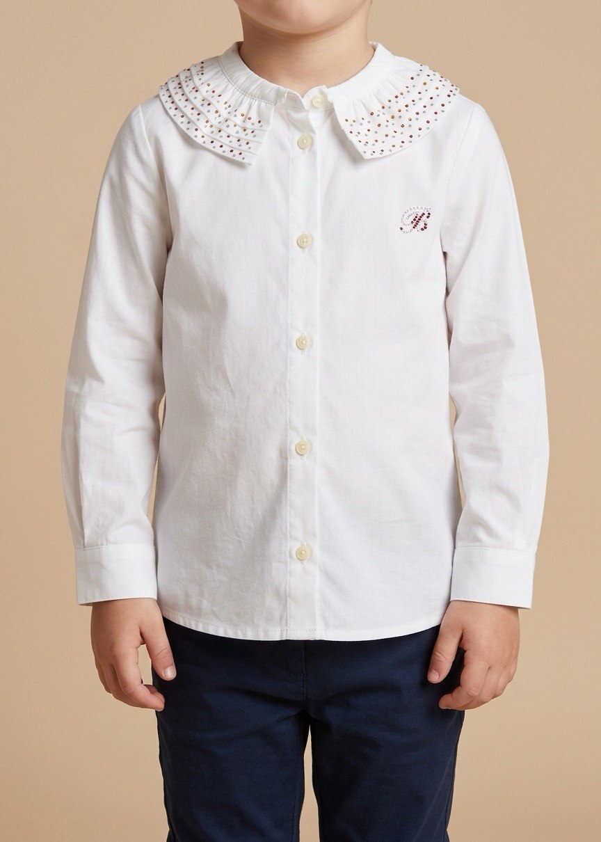 Kid's White Long Sleeve Blouse with Beads on Collar