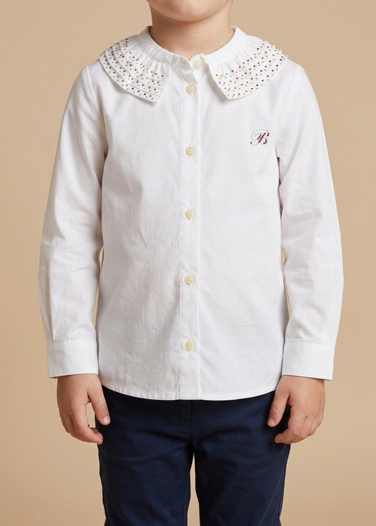 Kid's White Long Sleeve Blouse with Beads on Collar