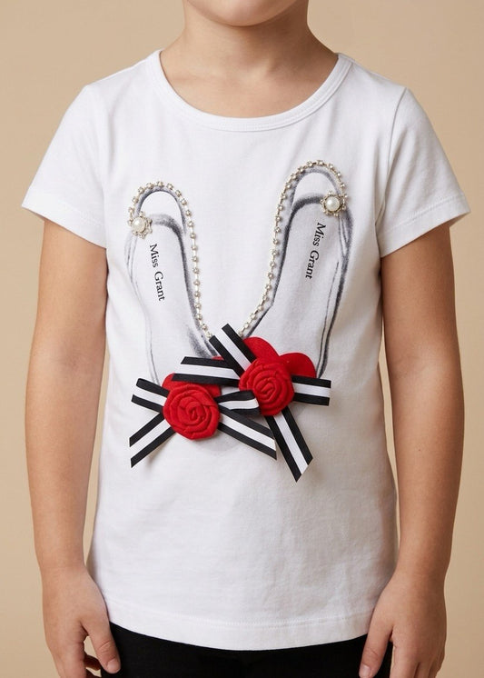 Kid's White T-Shirt with Ribbon and Beads