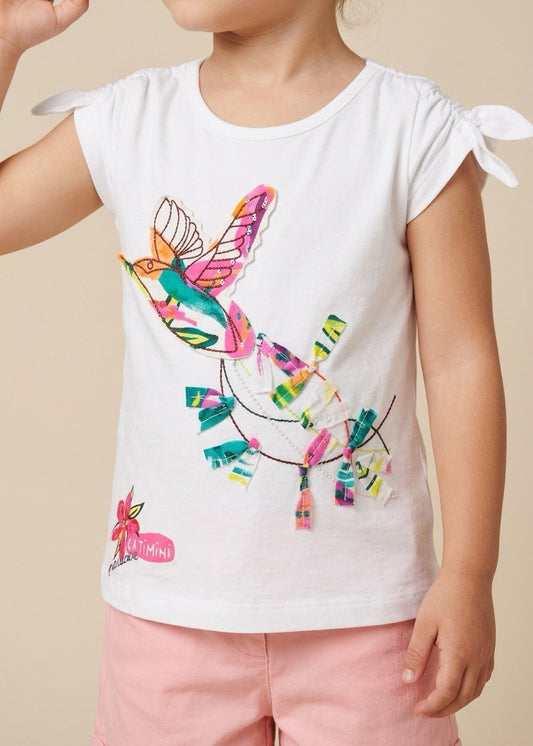 Kid's White T-Shirt with Embroidered Bird